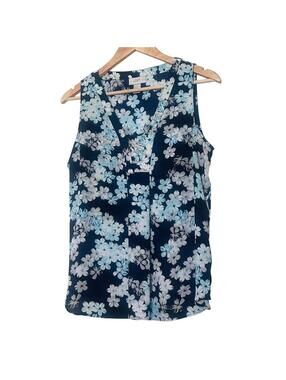 Ann Taylor Loft Petites Floral Sleeveless Spring Top LP Blue White Shell V-Neck